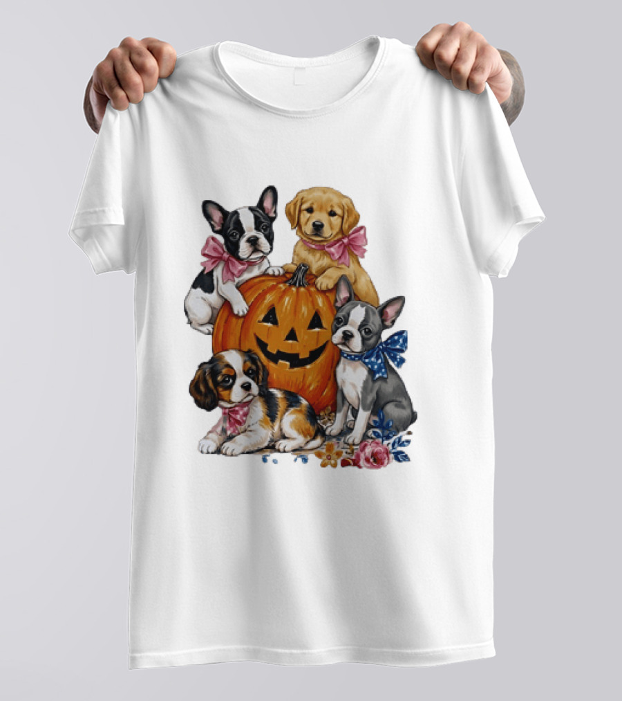 Puppies With Pink And Blue Bows Jack O' Lantern Pumpkin Halloween T-Shirt