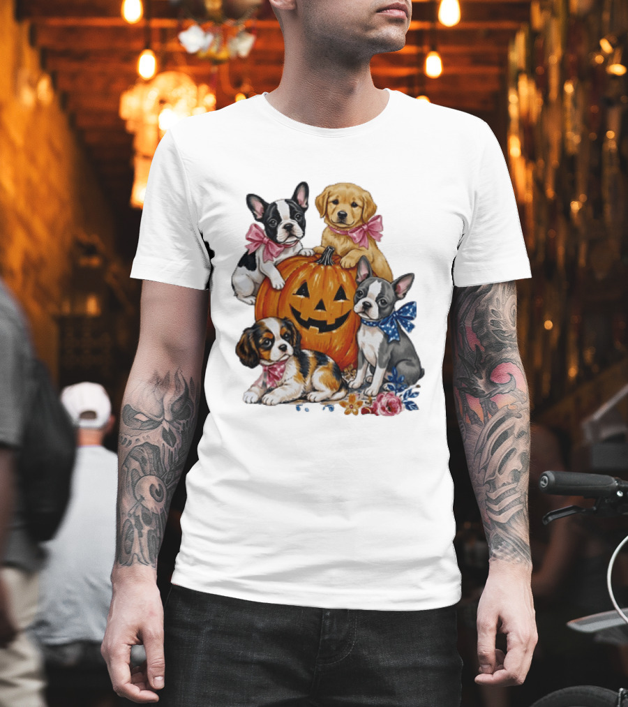 Puppies With Pink And Blue Bows Jack O' Lantern Pumpkin Halloween T-Shirt