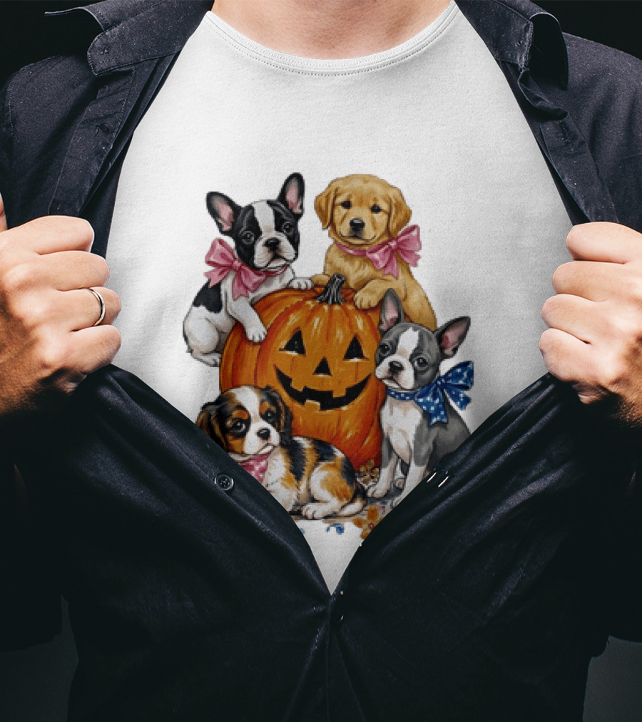 Puppies With Pink And Blue Bows Jack O' Lantern Pumpkin Halloween T-Shirt