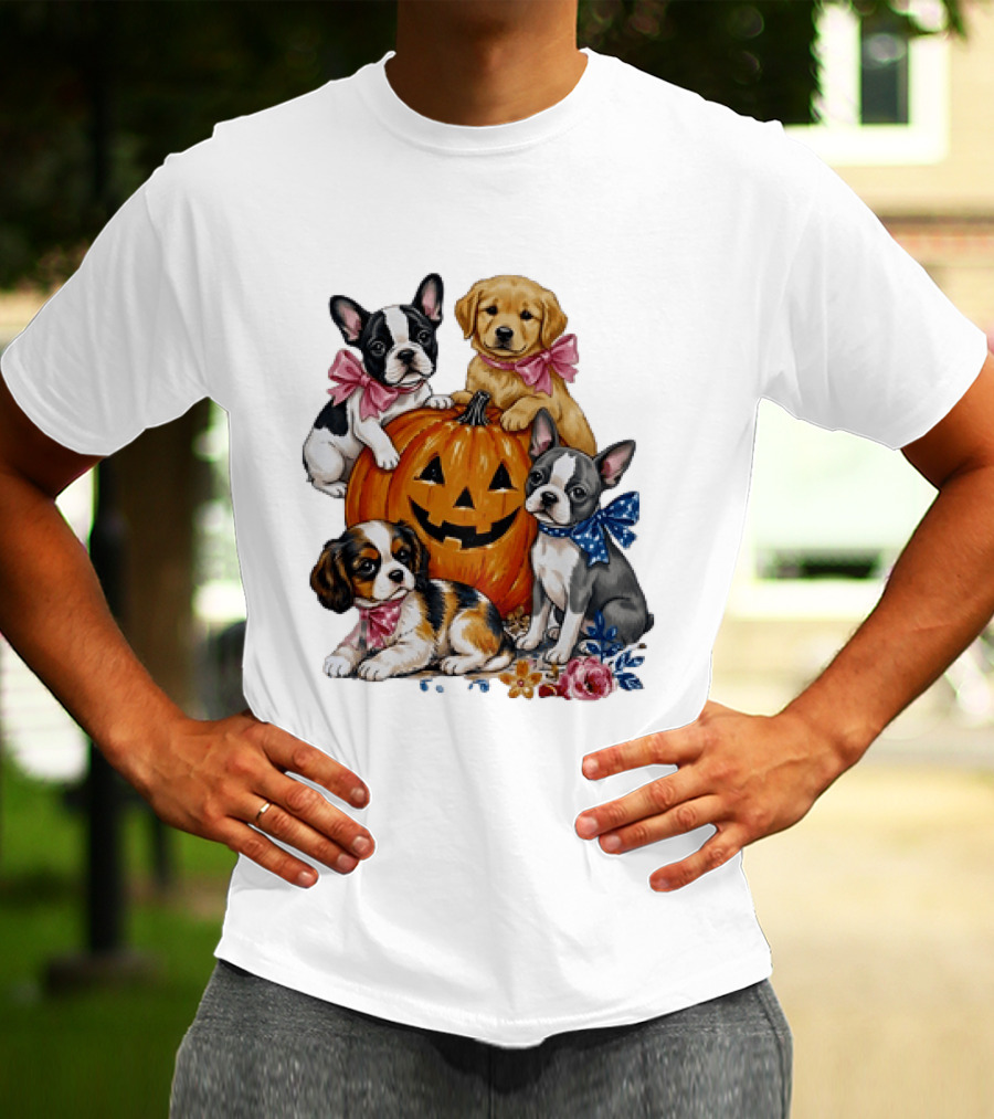 Puppies With Pink And Blue Bows Jack O' Lantern Pumpkin Halloween T-Shirt