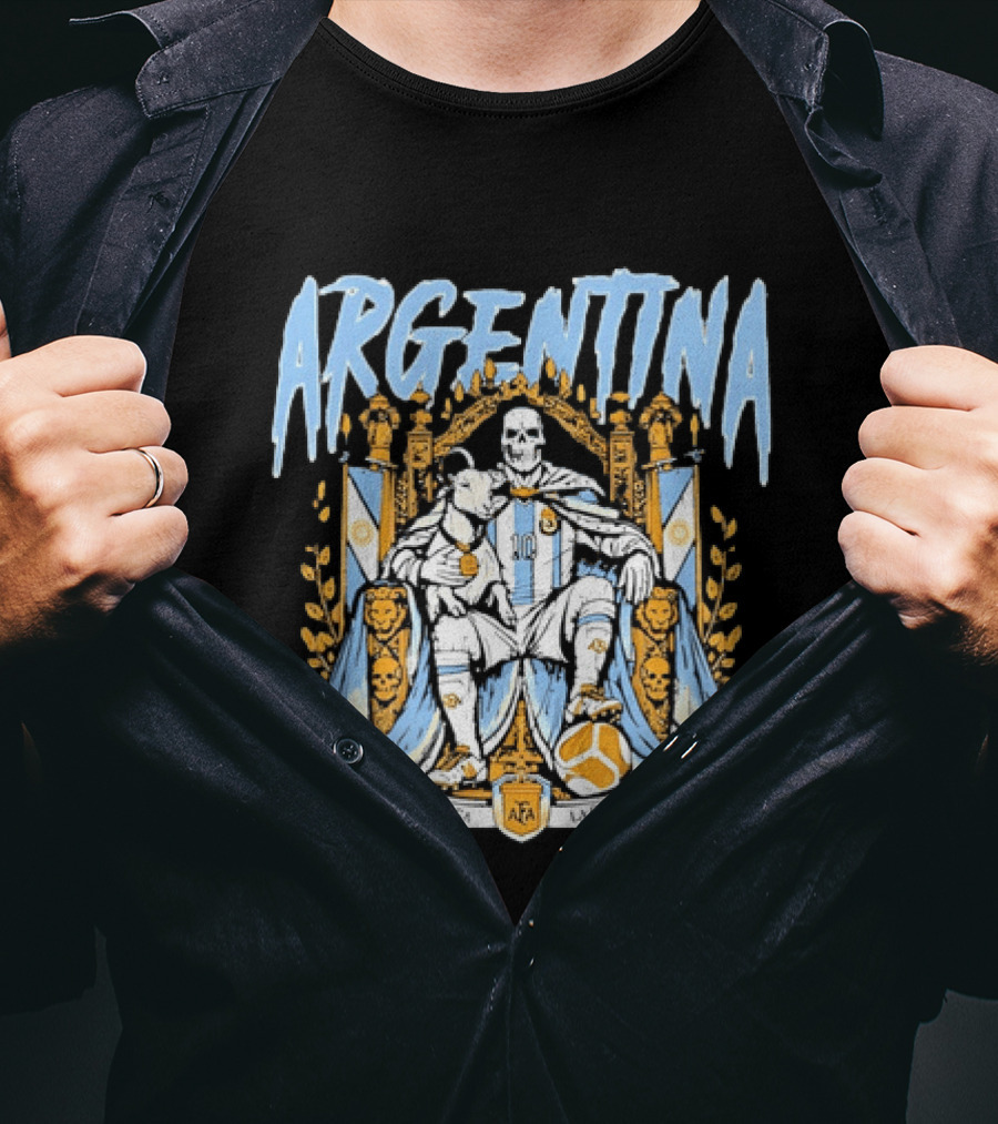 Argentina Lionel Messi La Pulga La Cabra Goat Skeleton Throne AFA Soccer T-Shirt