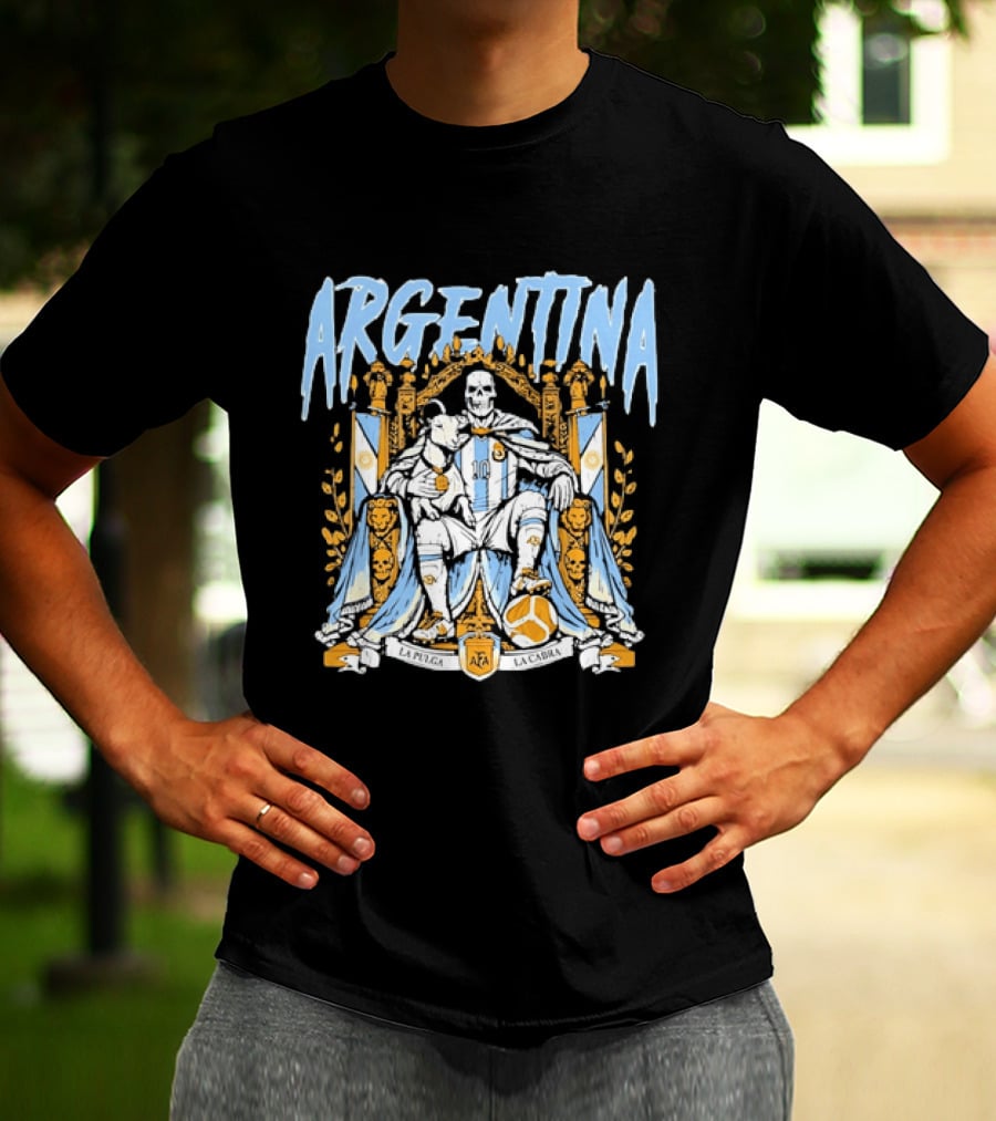 Argentina Lionel Messi La Pulga La Cabra Goat Skeleton Throne AFA Soccer T-Shirt