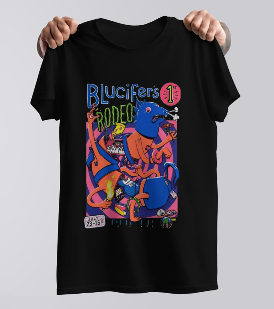 Blucifer's First Rodeo Denver CO July 23 26 2026 Colorful Cartoon T-Shirt