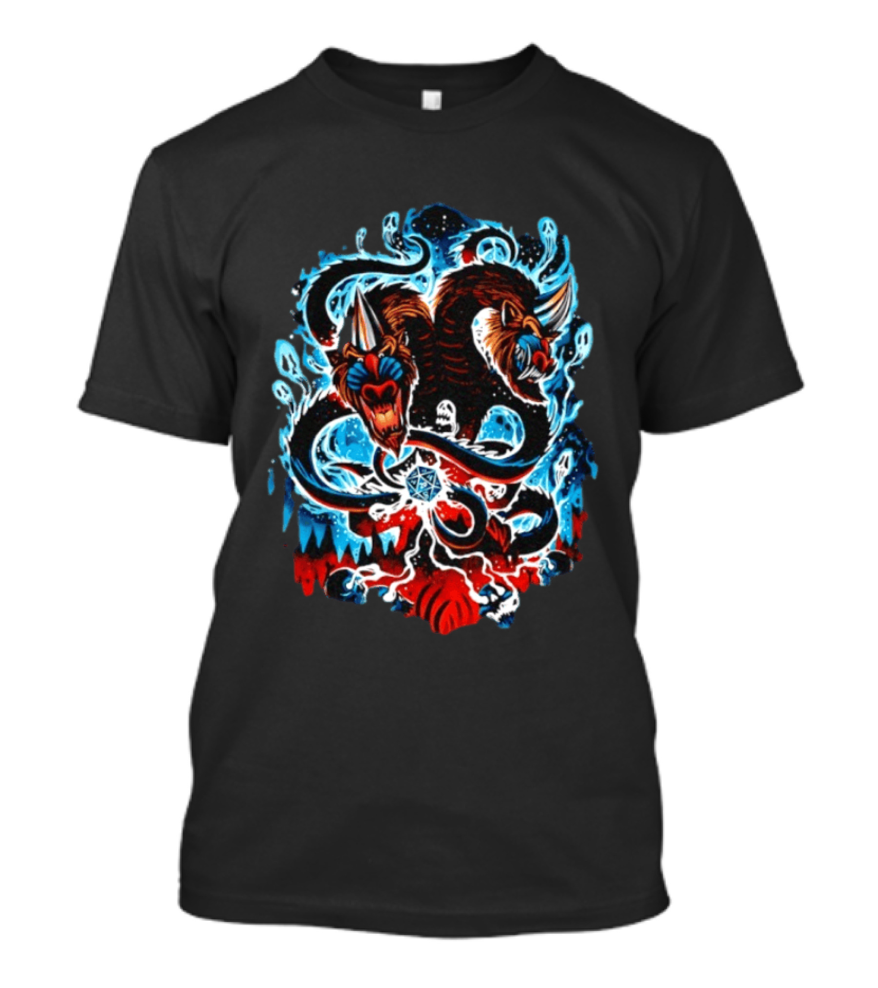 Demogorgon Dungeons And Dragons Two Heads Souls Blue Flames 20 T-Shirt