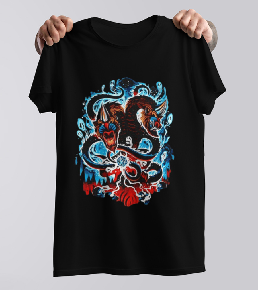 Demogorgon Dungeons And Dragons Two Heads Souls Blue Flames 20 T-Shirt