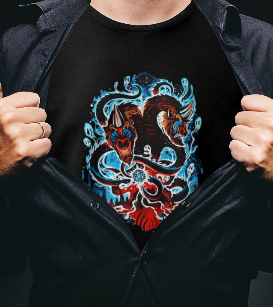 Demogorgon Dungeons And Dragons Two Heads Souls Blue Flames 20 T-Shirt