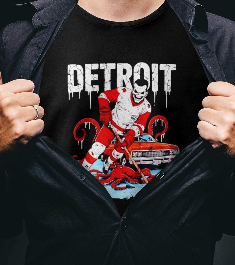 Detroit Hockey Skeleton Octopus Muscle Car T-Shirt