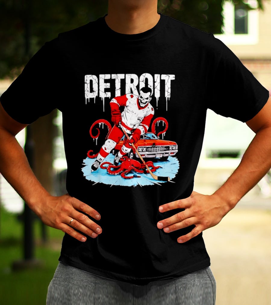 Detroit Hockey Skeleton Octopus Muscle Car T-Shirt
