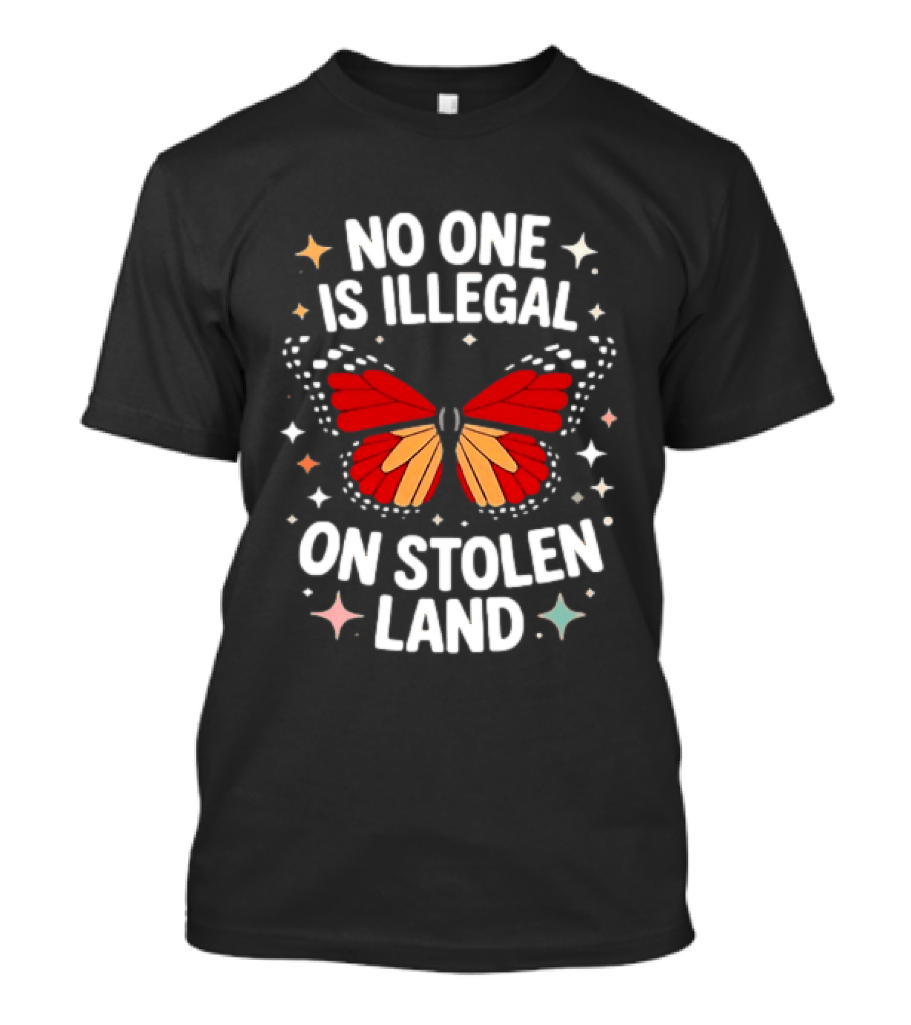 No One Is Illegal On Stolen Land Red Butterfly And Stars T-Shirt