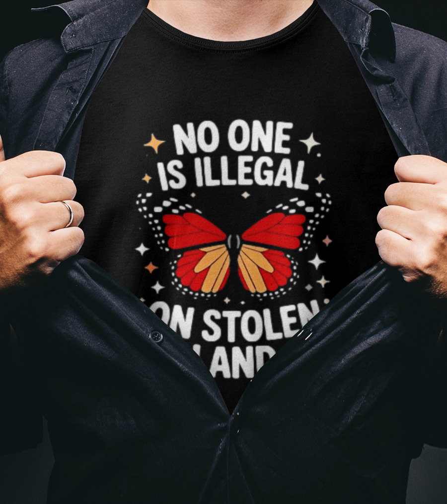 No One Is Illegal On Stolen Land Red Butterfly And Stars T-Shirt