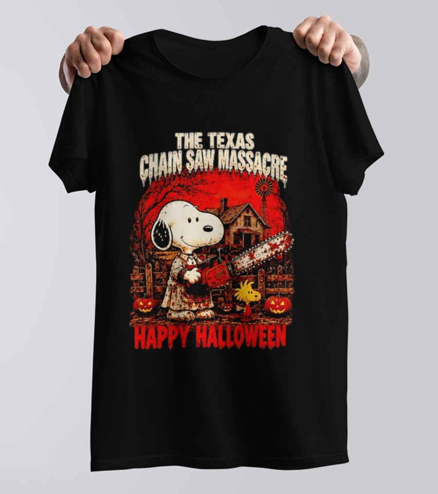 Snoopy Woodstock The Texas Chain Saw Massacre Happy Halloween Scene T-Shirt