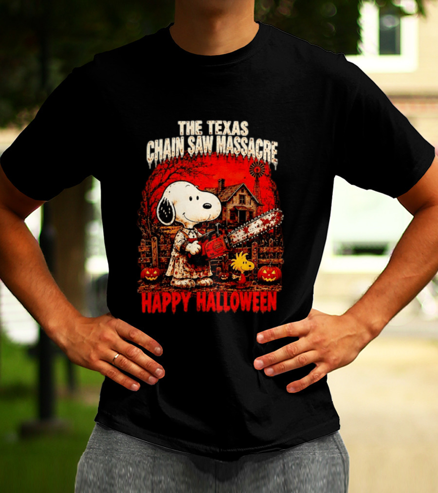 Snoopy Woodstock The Texas Chain Saw Massacre Happy Halloween Scene T-Shirt