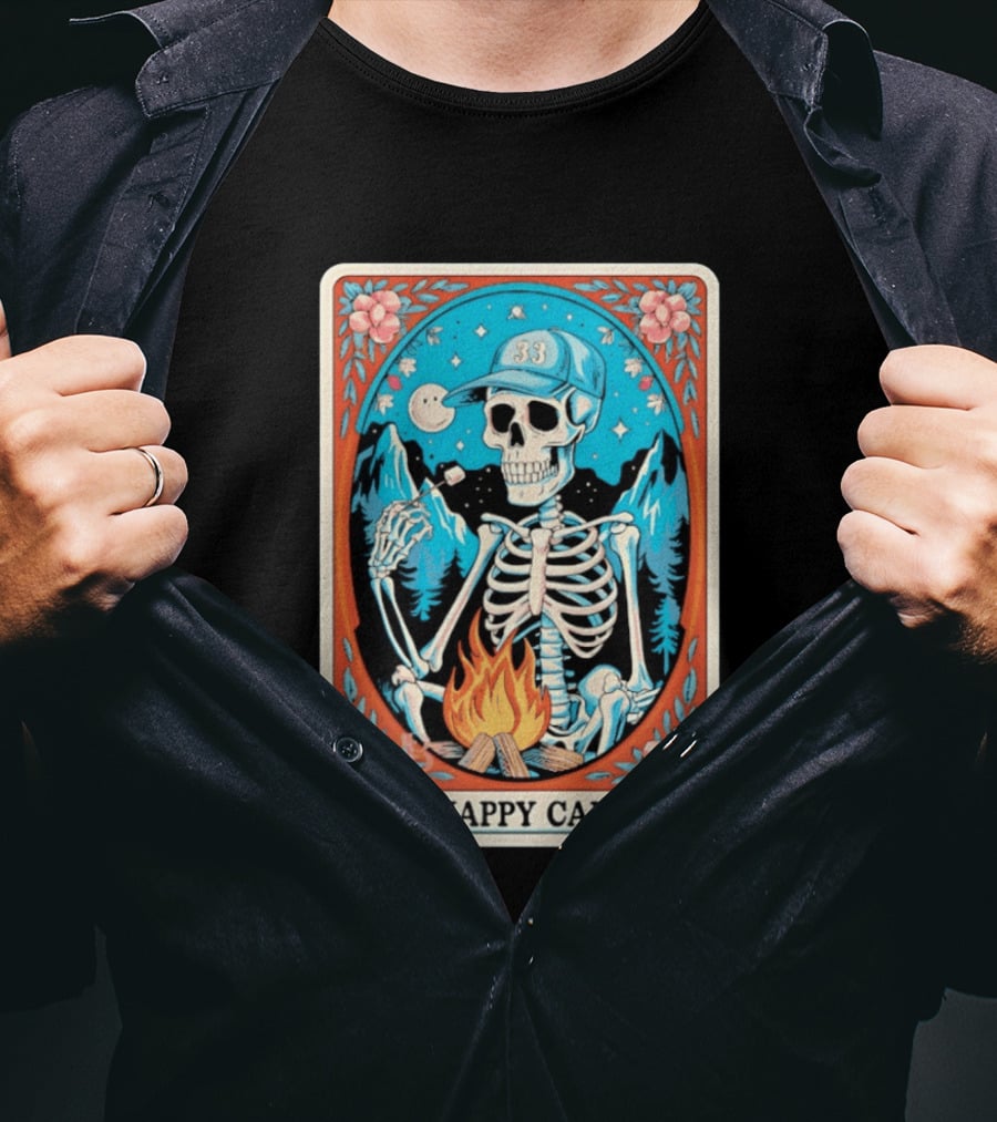 The Happy Camper Skeleton 33 Marshmallow Campfire Scene T-Shirt