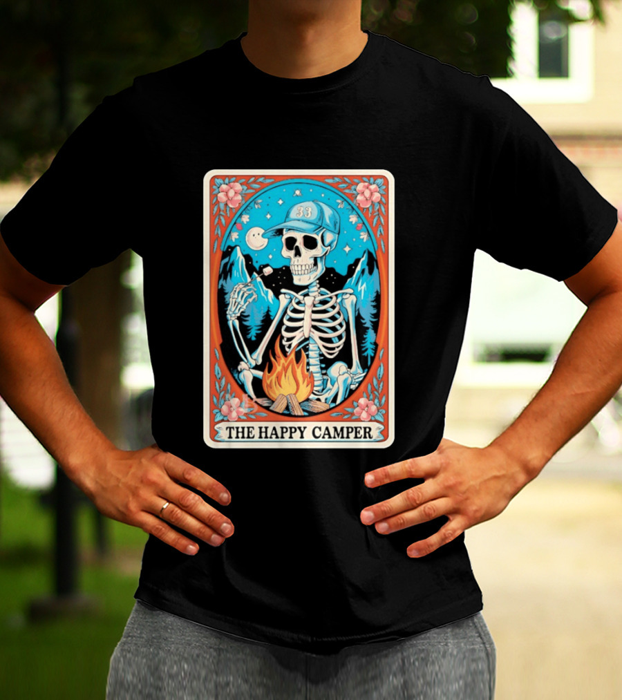 The Happy Camper Skeleton 33 Marshmallow Campfire Scene T-Shirt
