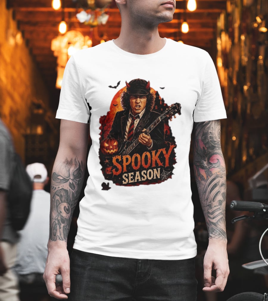 Spooky Season Angus Young Halloween AC DC Inspired Pumpkin Guitar T-Shirt