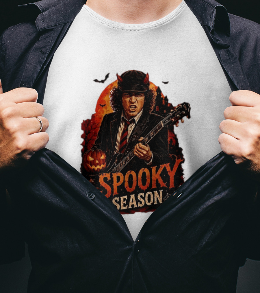 Spooky Season Angus Young Halloween AC DC Inspired Pumpkin Guitar T-Shirt
