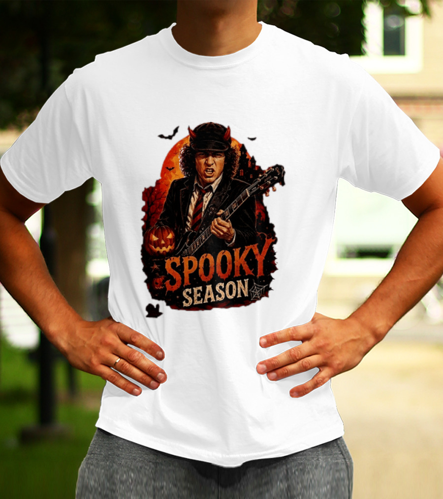 Spooky Season Angus Young Halloween AC DC Inspired Pumpkin Guitar T-Shirt