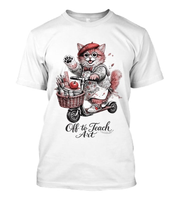Off To Teach Cat On Scooter With Art Supplies And Apple T-Shirt