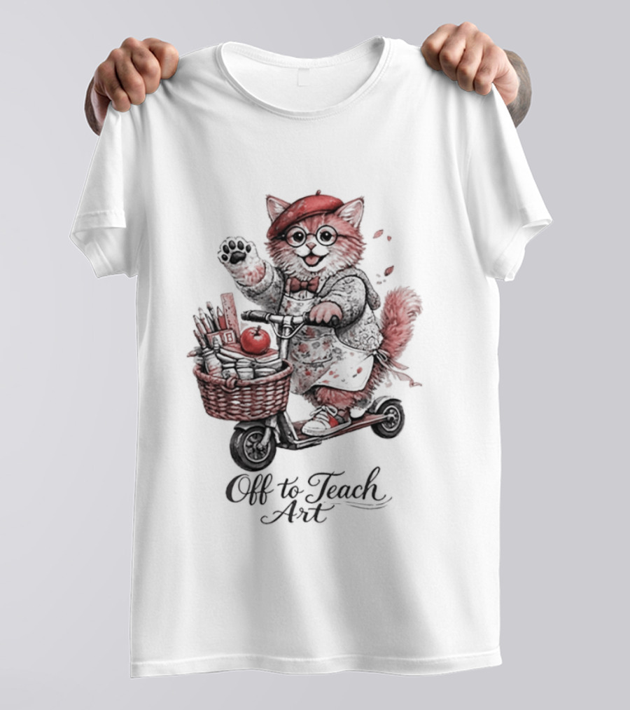 Off To Teach Cat On Scooter With Art Supplies And Apple T-Shirt