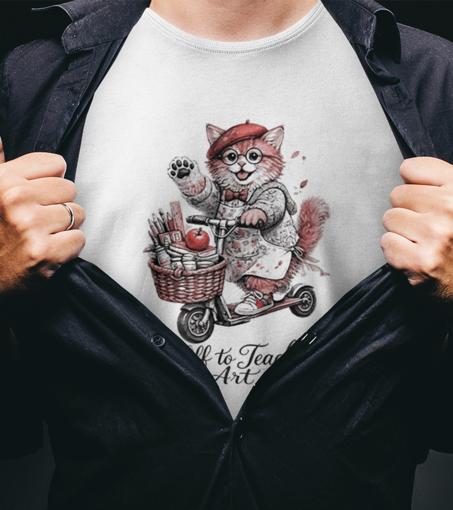 Off To Teach Cat On Scooter With Art Supplies And Apple T-Shirt
