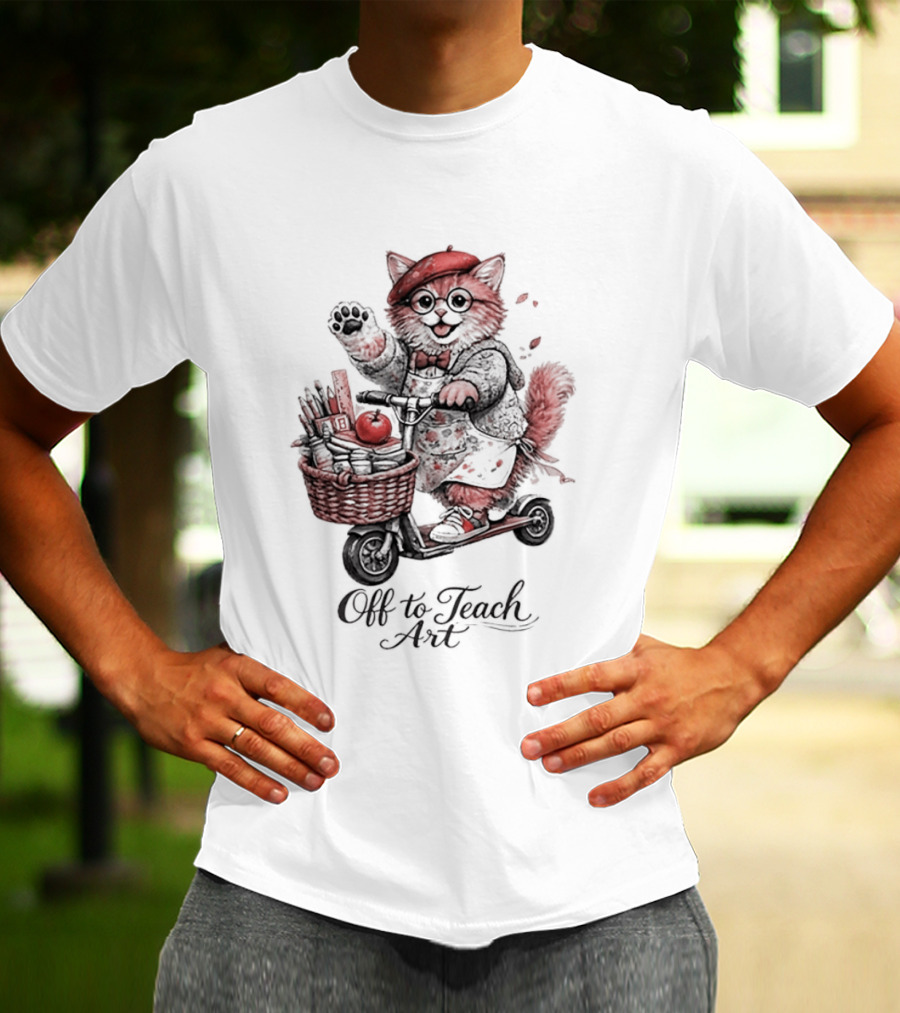 Off To Teach Cat On Scooter With Art Supplies And Apple T-Shirt