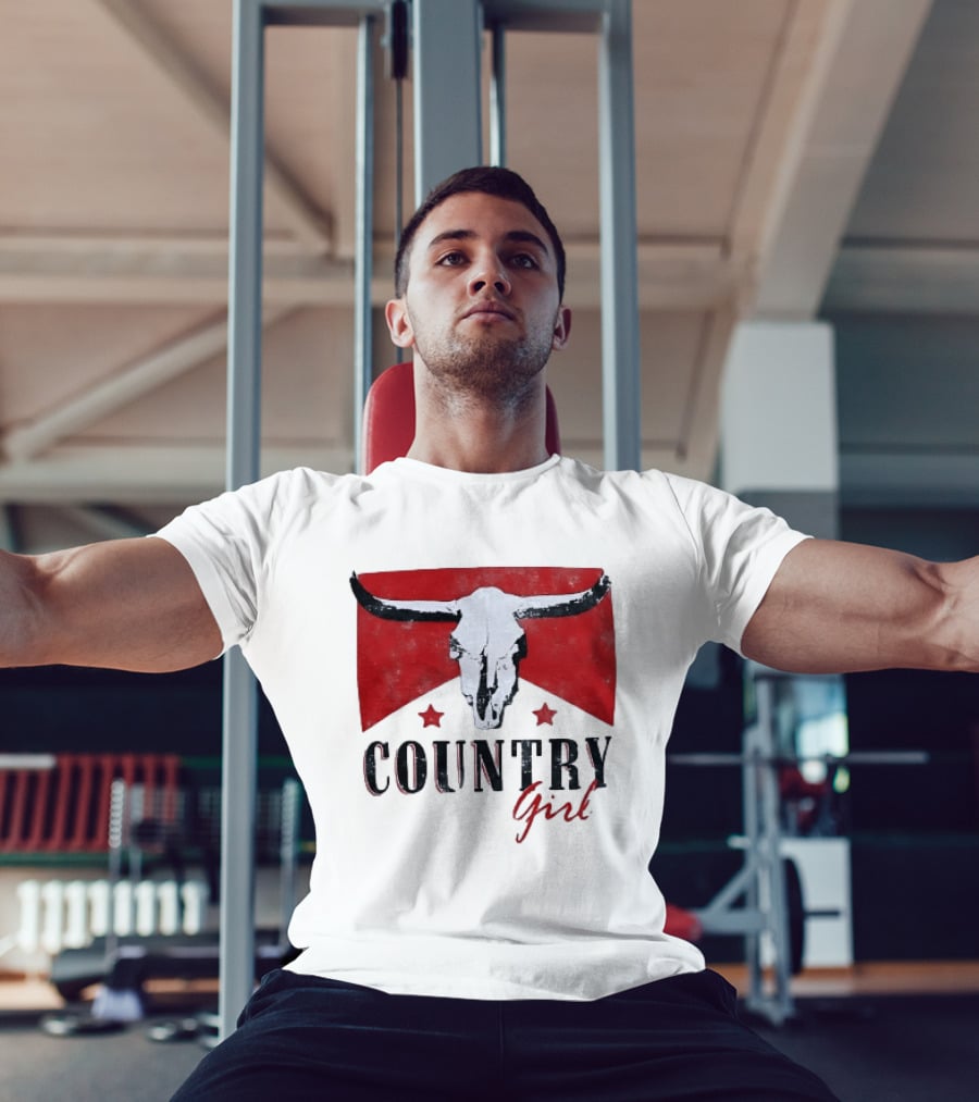Country Girl Western Bull Skull Red Star Banner T-Shirt