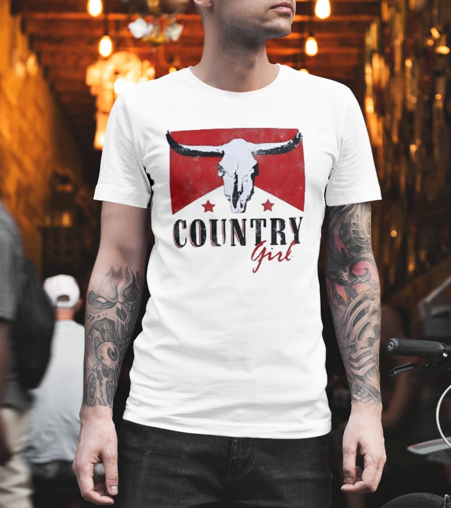 Country Girl Western Bull Skull Red Star Banner T-Shirt