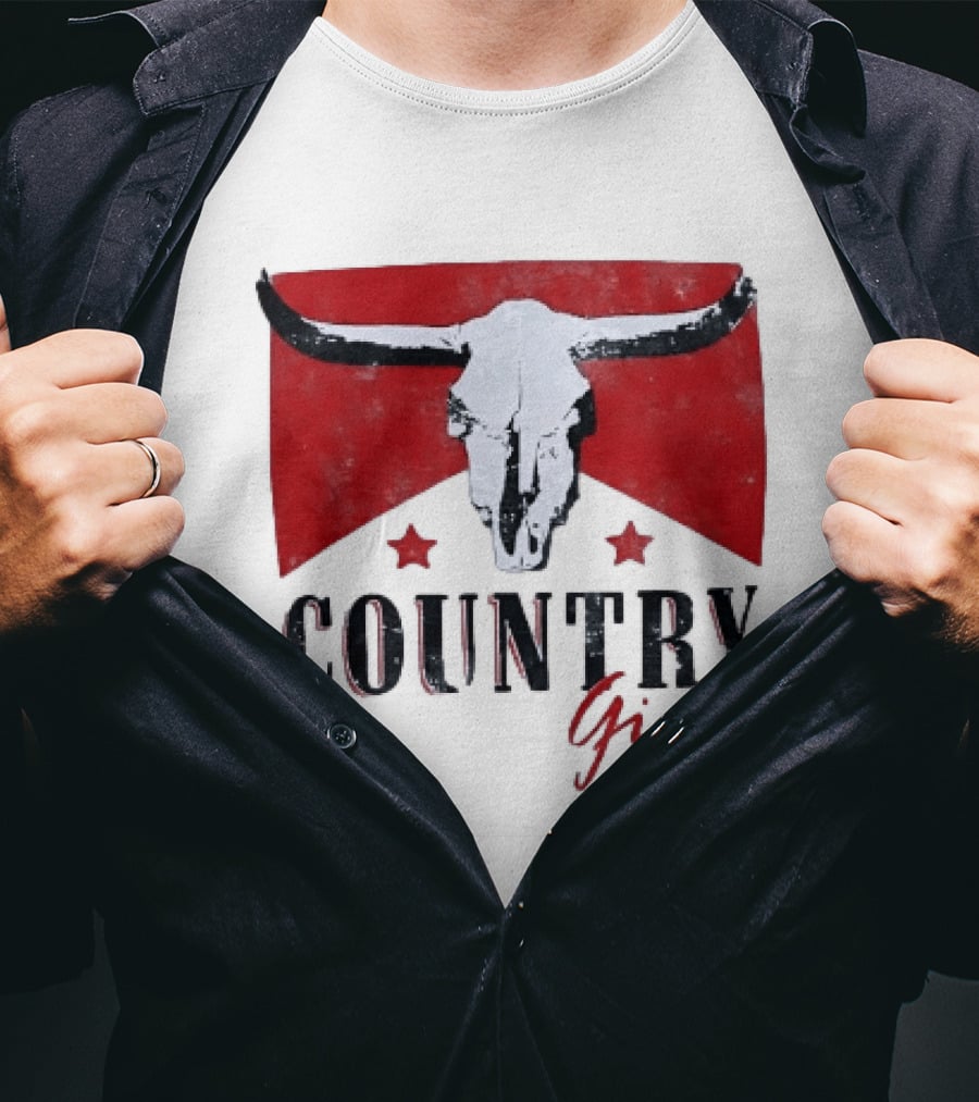Country Girl Western Bull Skull Red Star Banner T-Shirt
