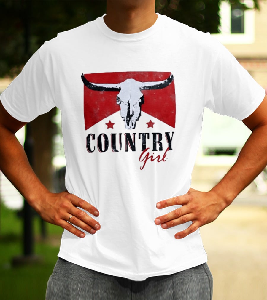 Country Girl Western Bull Skull Red Star Banner T-Shirt