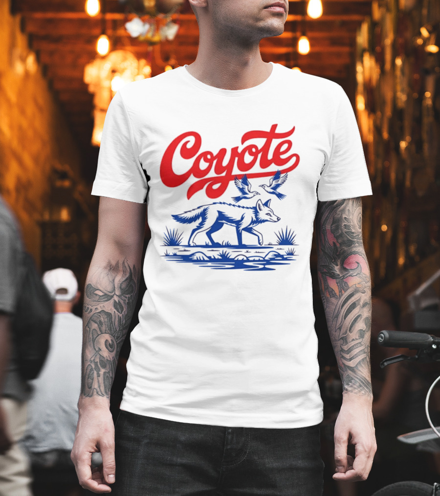 Coyote With Birds In Desert Scene Wild Western Desert T-Shirt
