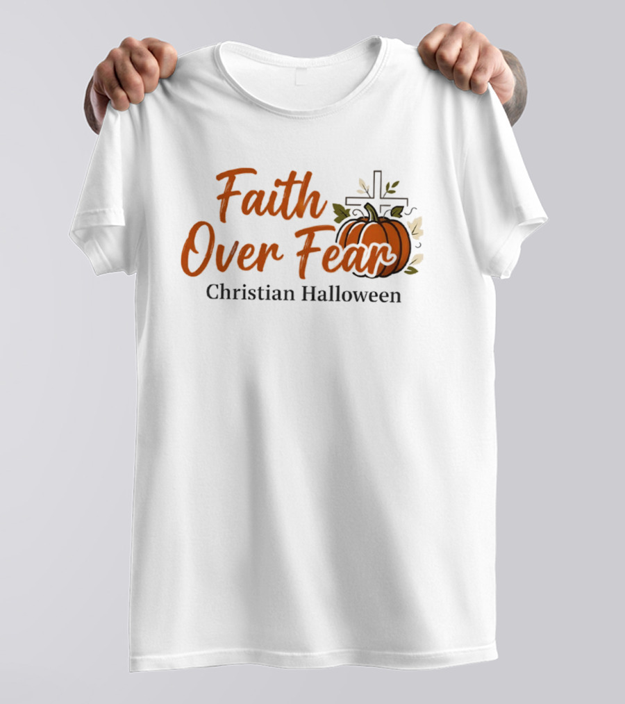 Faith Over Fear Christian Halloween Pumpkin Cross T-Shirt
