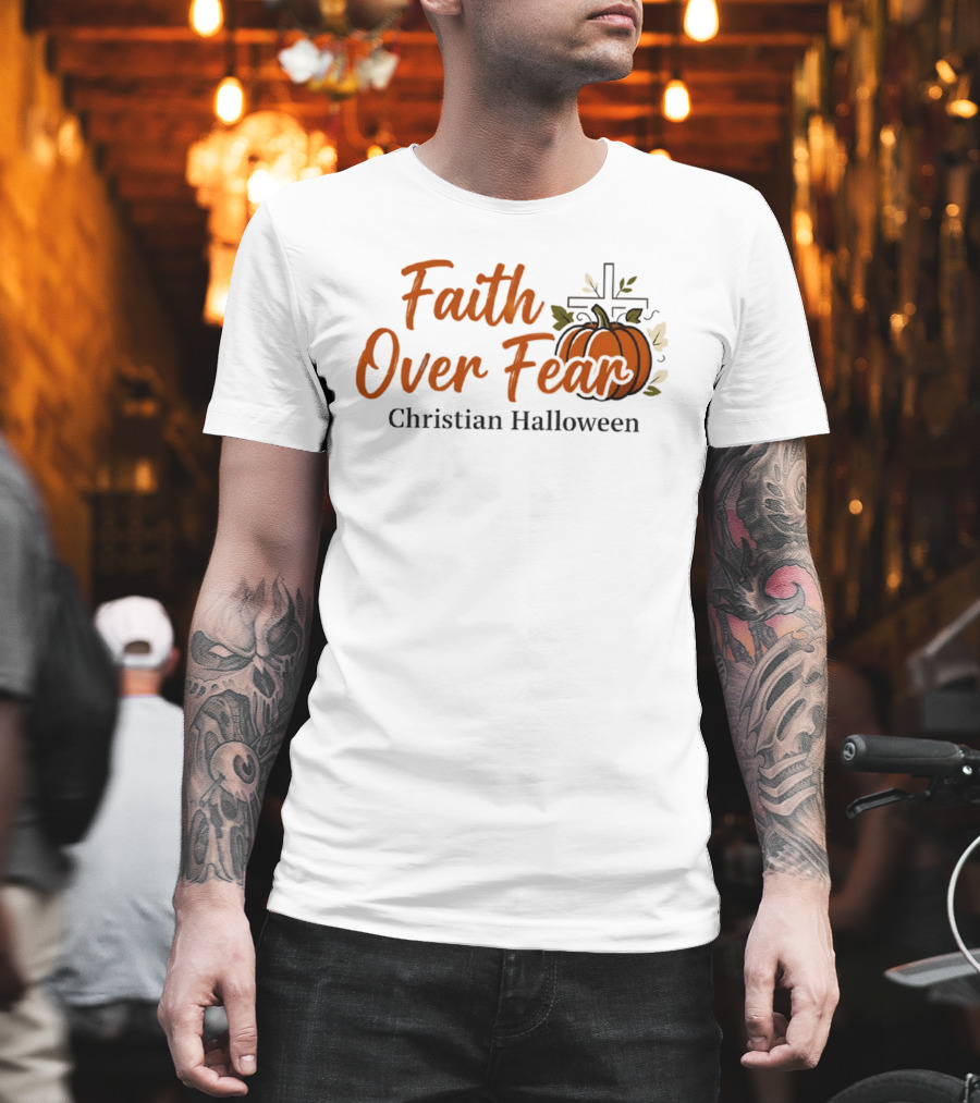 Faith Over Fear Christian Halloween Pumpkin Cross T-Shirt