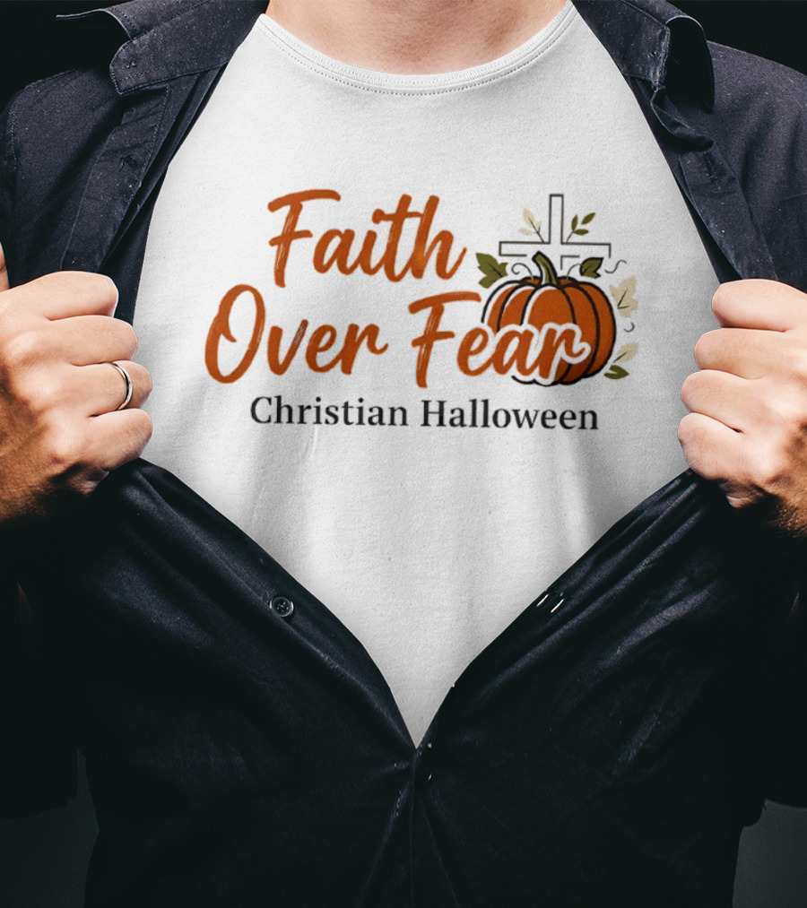 Faith Over Fear Christian Halloween Pumpkin Cross T-Shirt