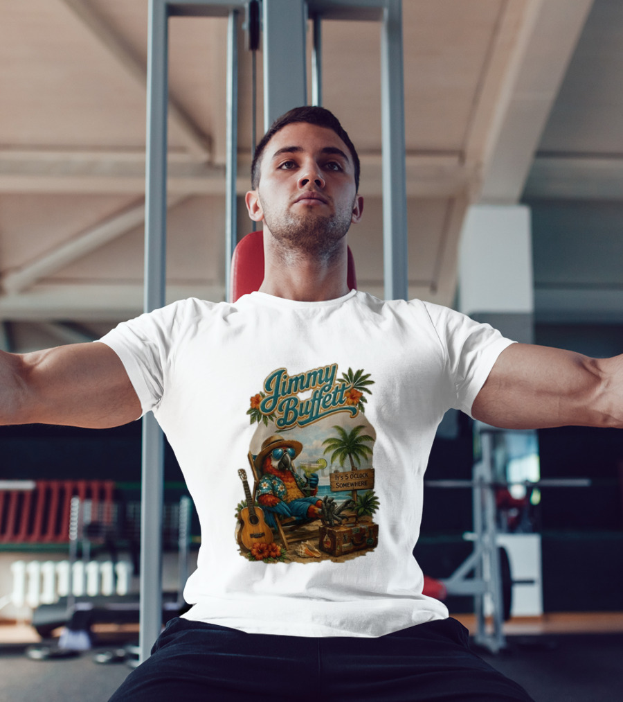 Jimmy Buffett It's 5 O' Somewhere Tropical Parrot Beach Guitar Cocktails Palm Trees T-Shirt
