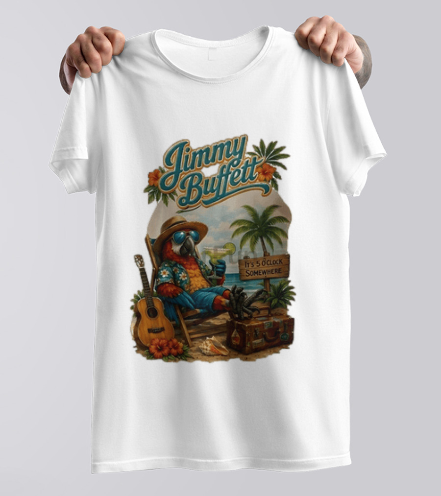 Jimmy Buffett It's 5 O' Somewhere Tropical Parrot Beach Guitar Cocktails Palm Trees T-Shirt
