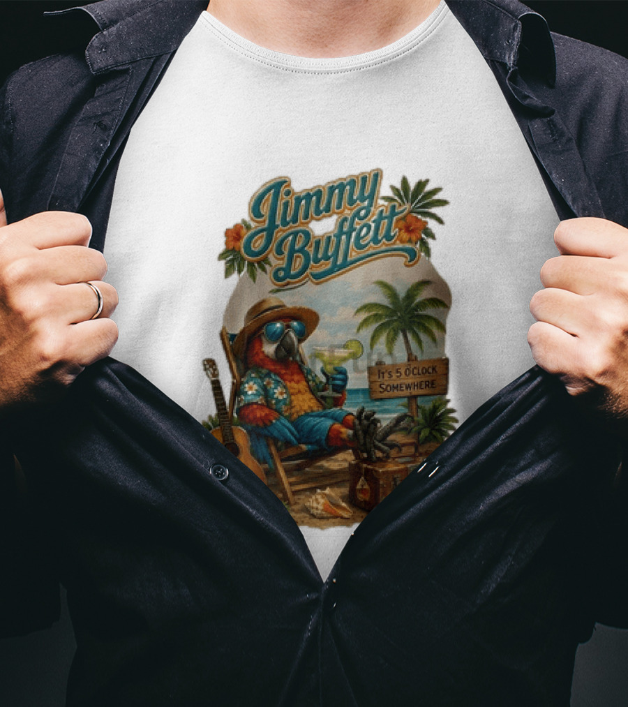 Jimmy Buffett It's 5 O' Somewhere Tropical Parrot Beach Guitar Cocktails Palm Trees T-Shirt