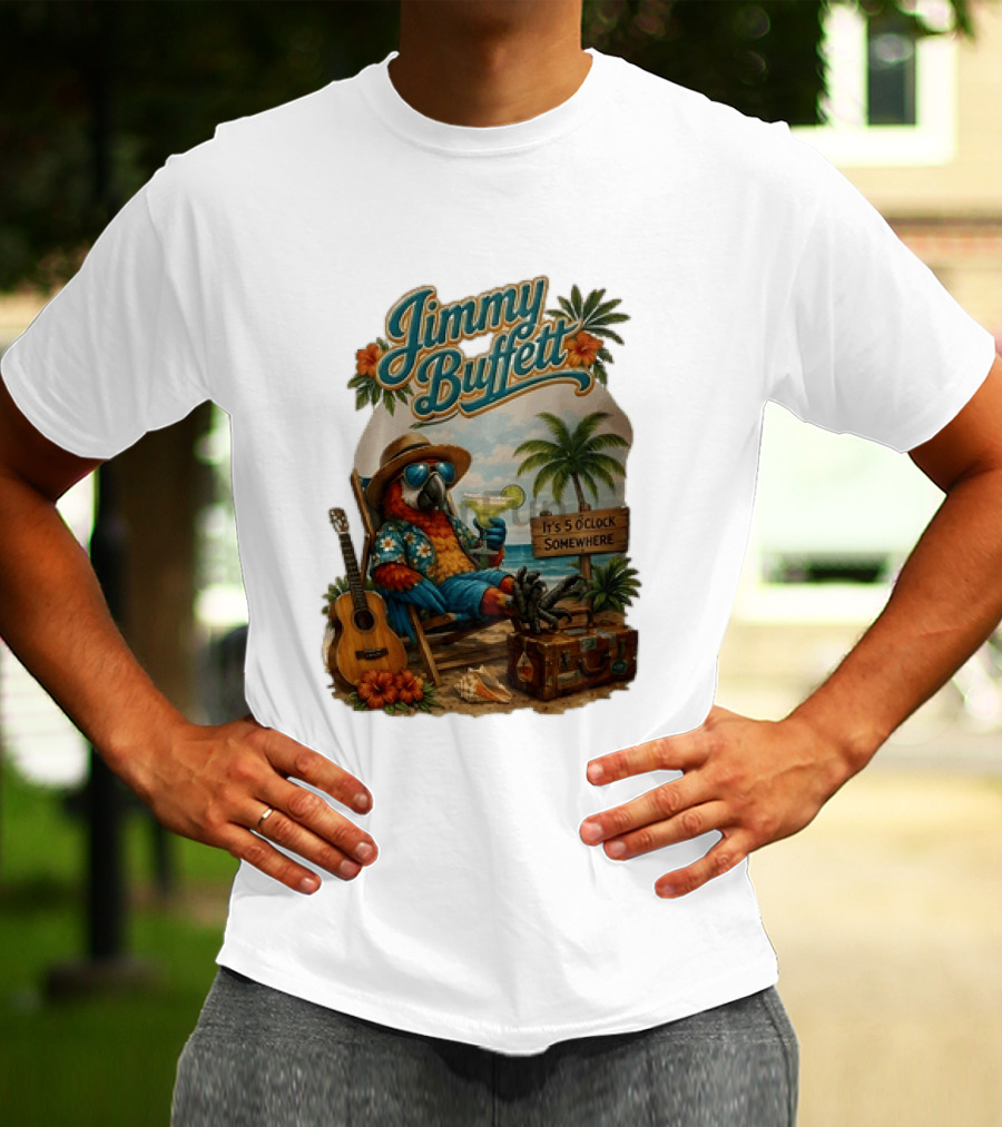 Jimmy Buffett It's 5 O' Somewhere Tropical Parrot Beach Guitar Cocktails Palm Trees T-Shirt
