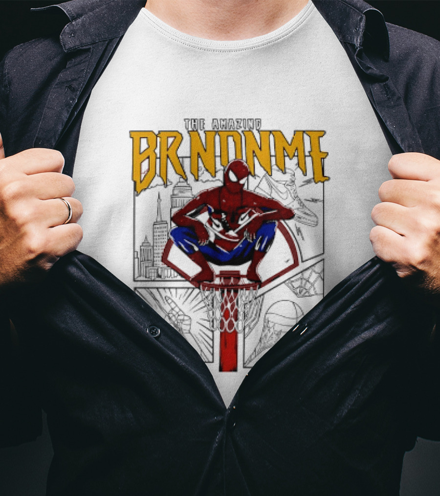 The Amazing Brndnme Spider Man Squatting On Basketball Hoop Cityscape Comic Panels T-Shirt