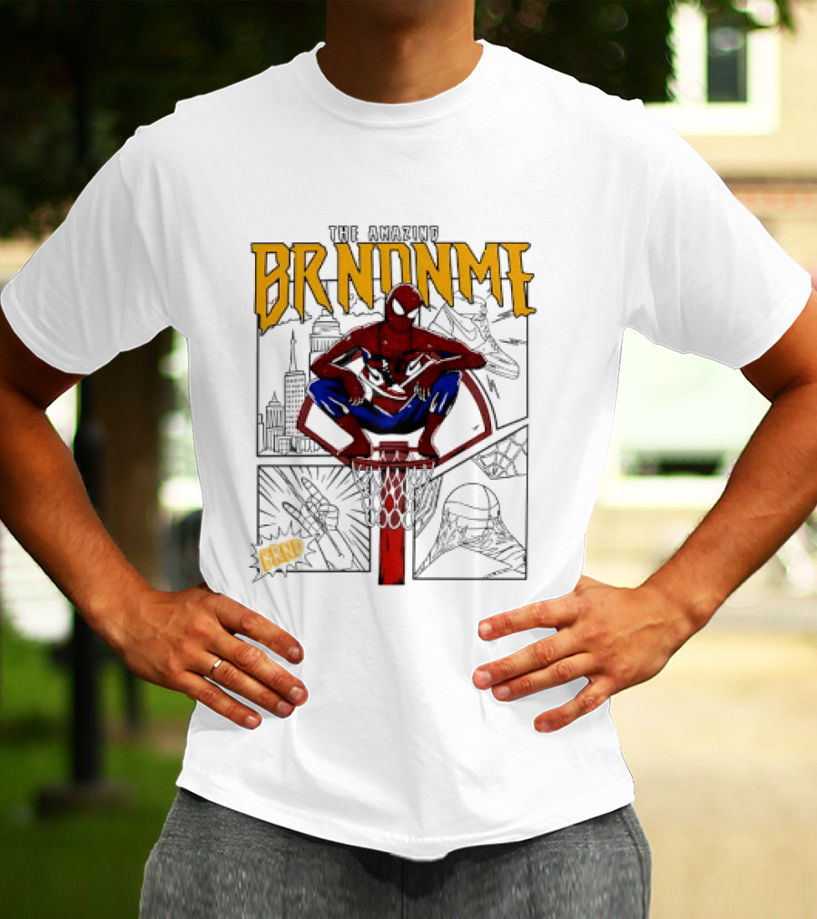 The Amazing Brndnme Spider Man Squatting On Basketball Hoop Cityscape Comic Panels T-Shirt