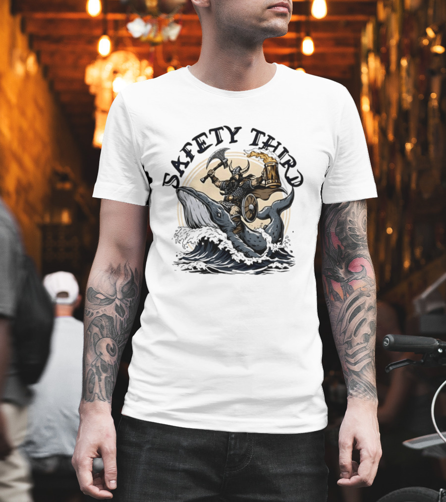 Viking Riding Whale With Beer Horn Safety Third T-Shirt