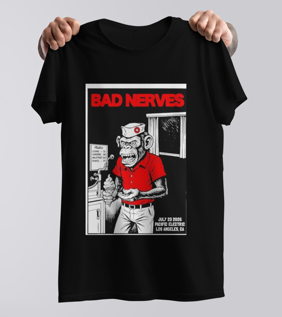 Bad Nerves July 23 2026 Pacific Electric Los Angeles Monkey Ice Cream Server Comic T-Shirt