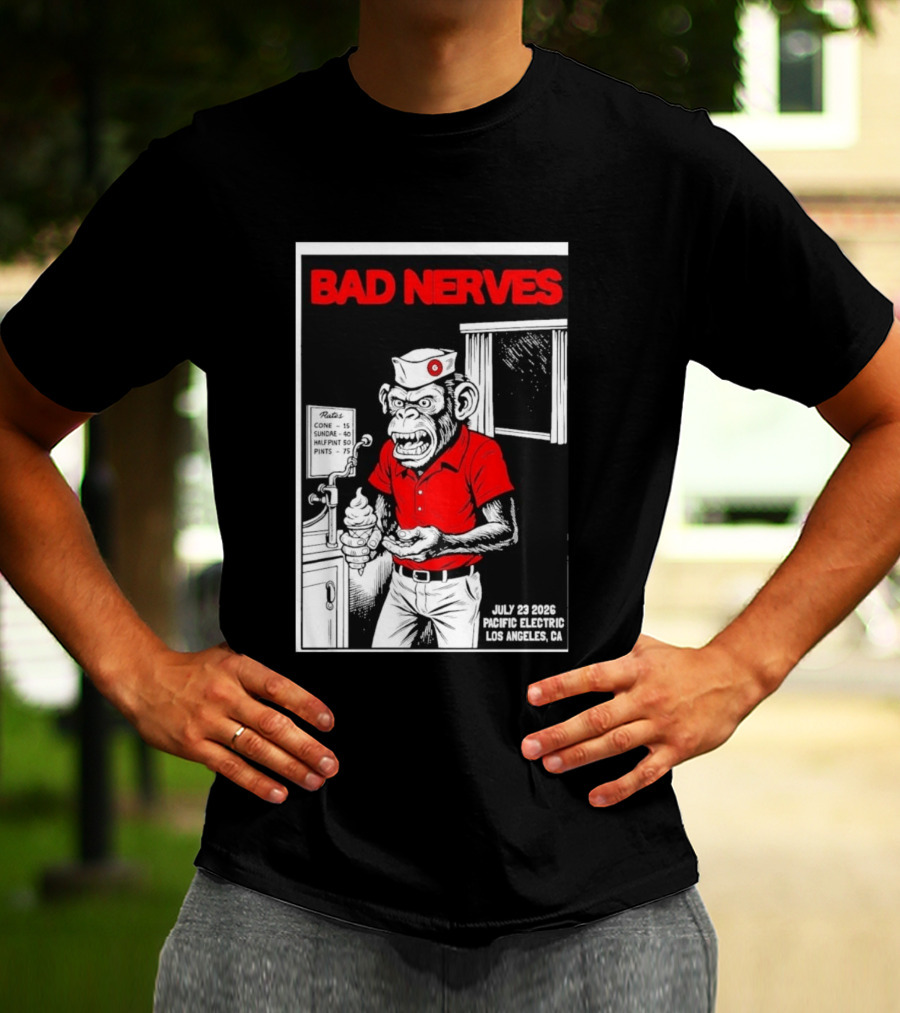 Bad Nerves July 23 2026 Pacific Electric Los Angeles Monkey Ice Cream Server Comic T-Shirt