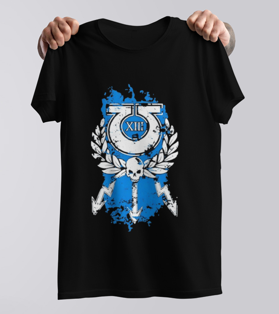 XIII Ultramarines Distressed Warhammer 40k Skull Lightning Laurel T-Shirt