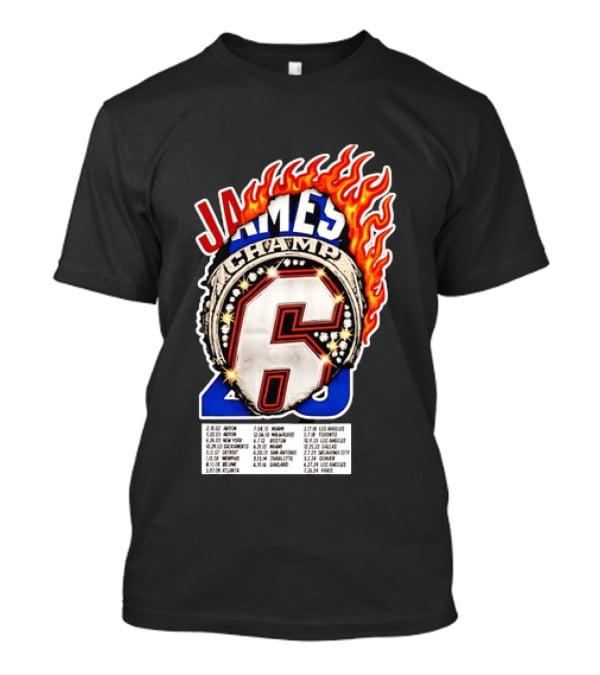 LeBron James Champ 6 Milestone Dates Cleveland Miami Los Angeles 2012 2013 2016 2020 T-Shirt