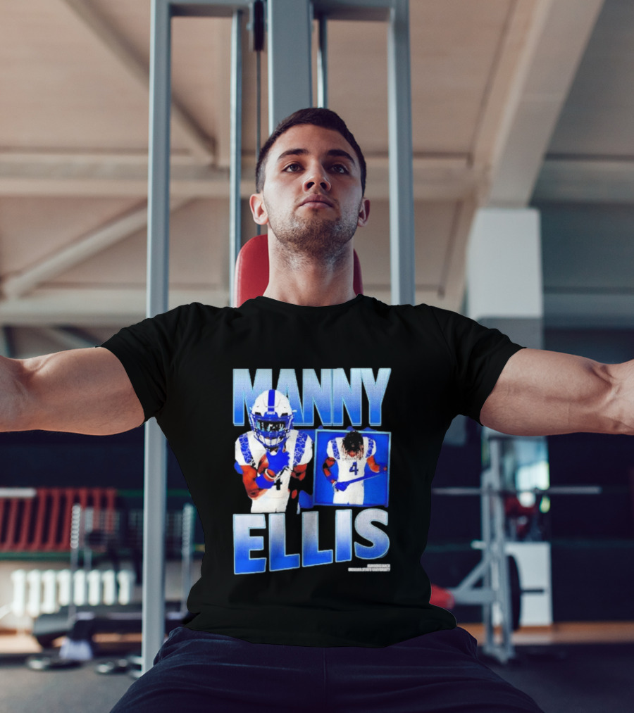 Manny Ellis Indiana State Running Back Football Jersey Number 4 Blue And White T-Shirt