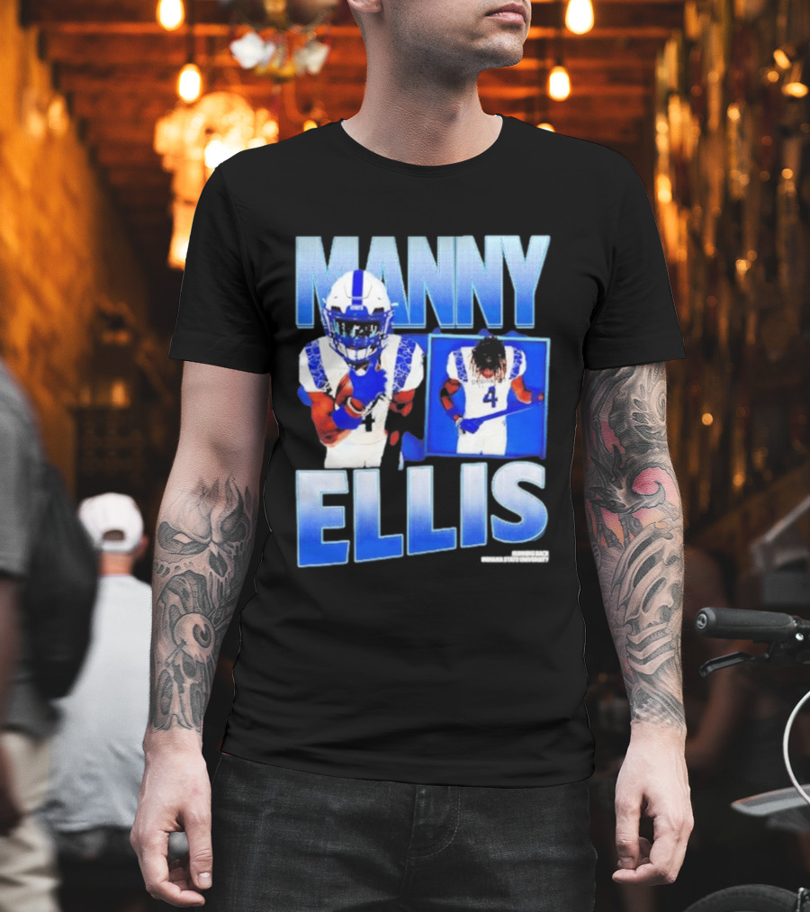 Manny Ellis Indiana State Running Back Football Jersey Number 4 Blue And White T-Shirt