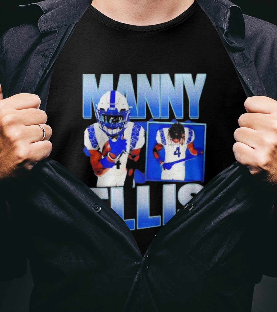 Manny Ellis Indiana State Running Back Football Jersey Number 4 Blue And White T-Shirt