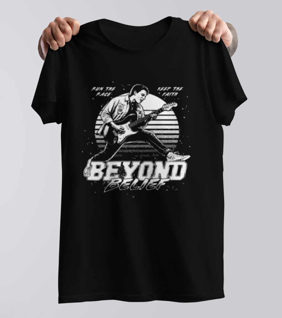 Girder Music Store Beyond Belief Run The Race Keep The Faith Guitar Player T-Shirt