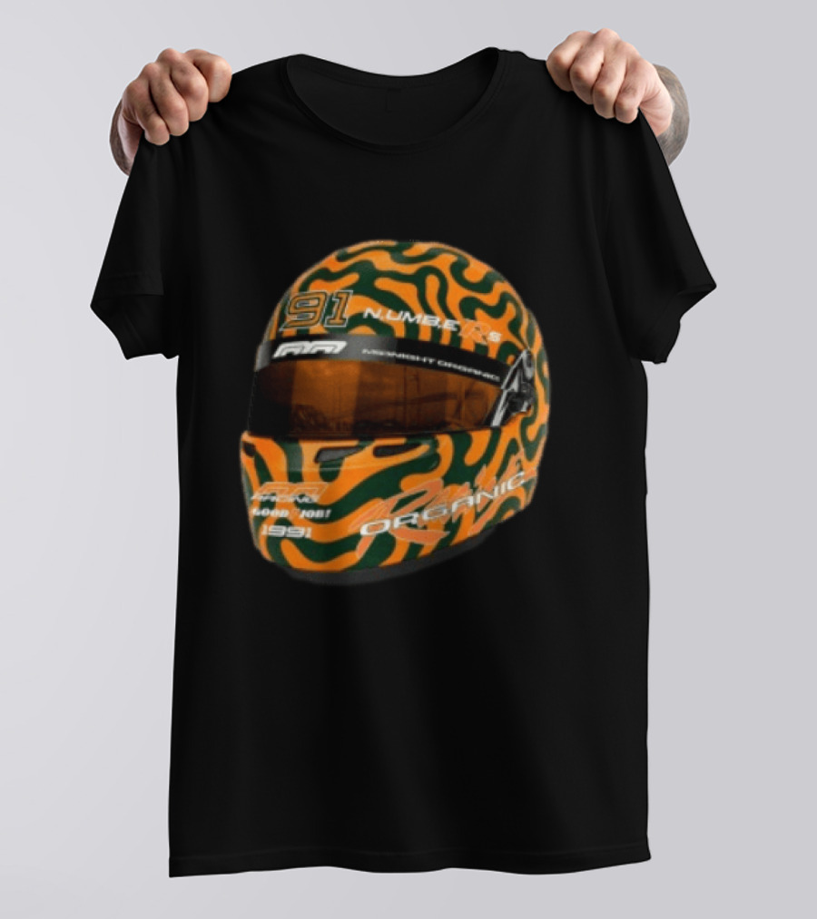 Midnight Organic Store Formula Helmet 91 Number 1991 RPM Orange Green T-Shirt