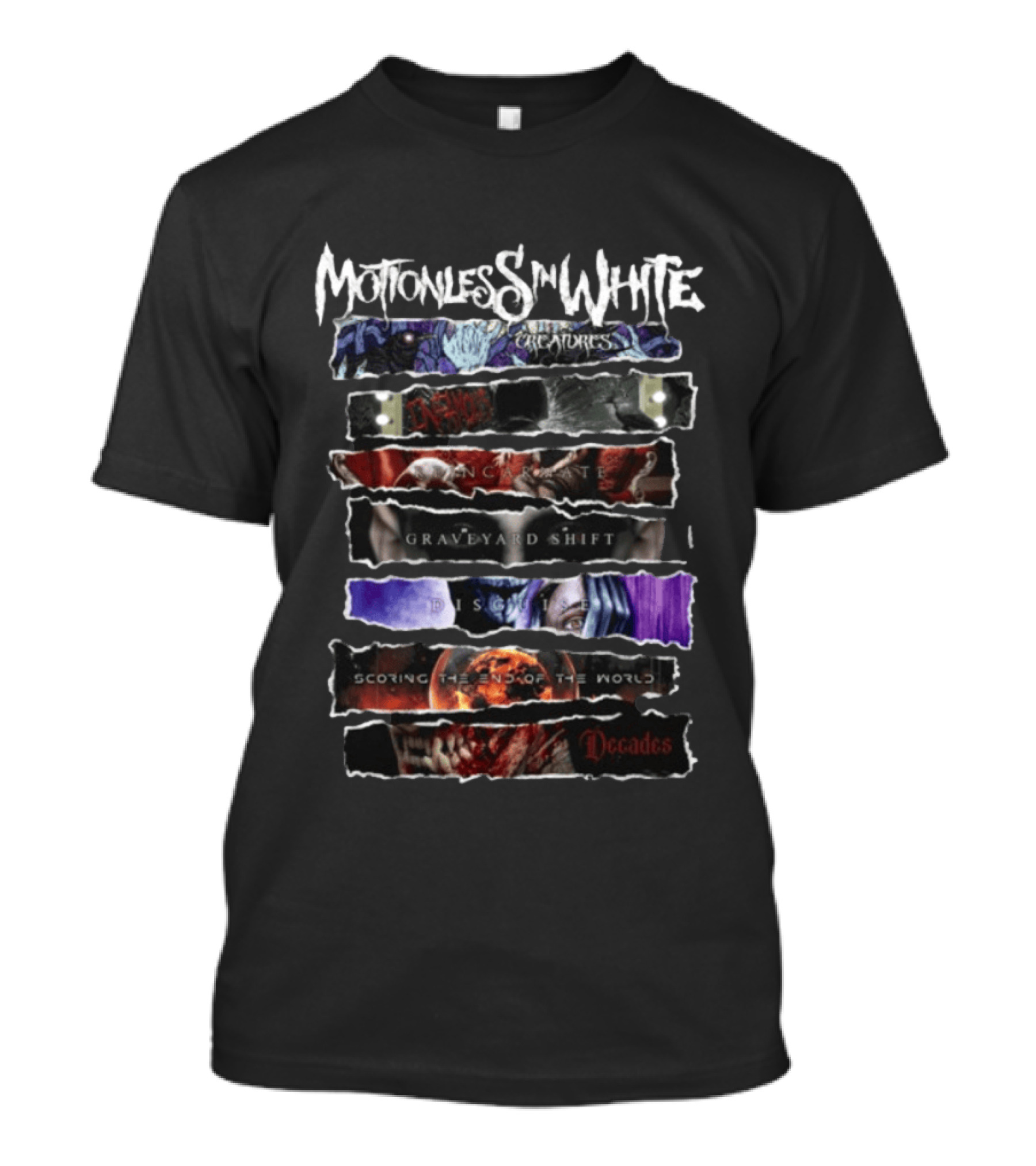 Motionless In White Creatures Infamous Reincarnate Graveyard Shift Disguise Scoring The End Of The World Decades T-Shirt